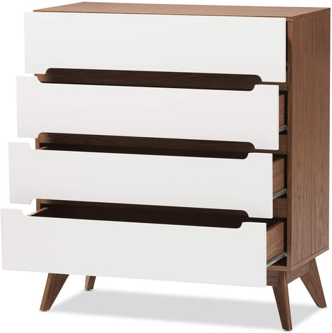 Oakestry Calypso Mid-Century Modern White and Walnut Wood 4-Drawer Storage Chest Mid-Century/White/Walnut Brown/Particle Board/MDF with PU Paper/