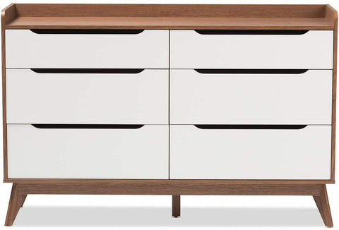 Oakestry Brighton 6-Drawer Storage Dresser Mid-Century/White/Walnut Brown/Particle Board/MDF with PU Paper/