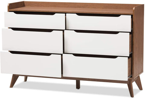 Oakestry Brighton 6-Drawer Storage Dresser Mid-Century/White/Walnut Brown/Particle Board/MDF with PU Paper/