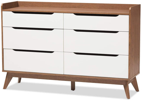 Oakestry Brighton 6-Drawer Storage Dresser Mid-Century/White/Walnut Brown/Particle Board/MDF with PU Paper/