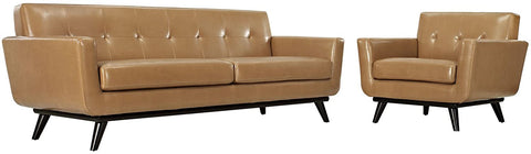 Oakestry Engage Mid-Century Modern Upholstered Sofa and Armchair Living Room Set, Tan Leather