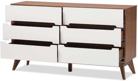 Oakestry Calypso Mid-Century Modern White and Walnut Wood 6-Drawer Storage Dresser Mid-Century/White/Walnut Brown/Particle Board/MDF with PU Paper/