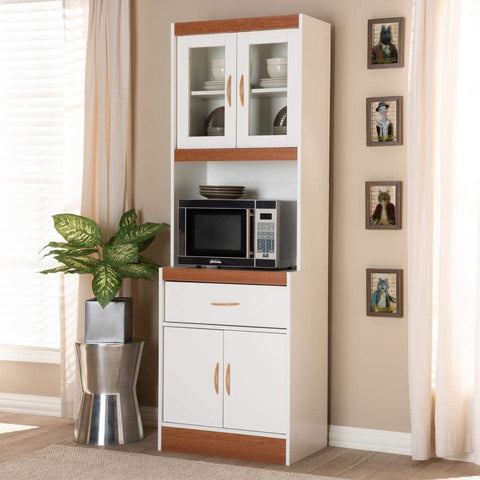 Oakestry Laurana Modern and Contemporary White and Cherry Finished Kitchen Cabinet and Hutch