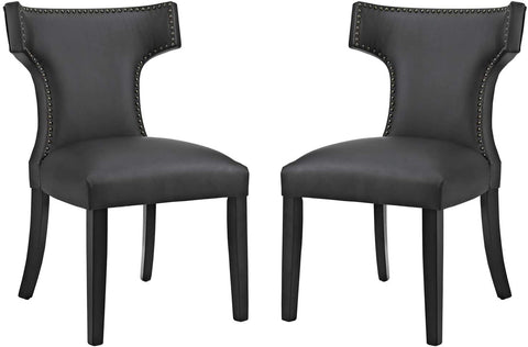 Oakestry Curve Mid-Century Vegan Leather Upholstered Two Dining Chair Set with Nailhead Trim in Black