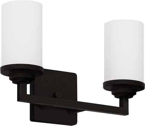 Oakestry 2-Light Vanity Light in Ebony Bronze Finish with Frosted White Glass Shades