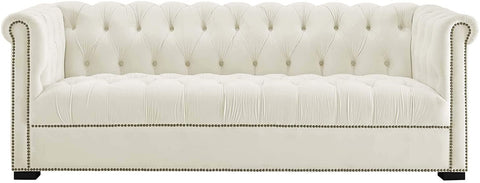 Oakestry Heritage Tufted Performance Velvet Upholstered Chesterfield Sofa with Nailhead Trim in Ivory