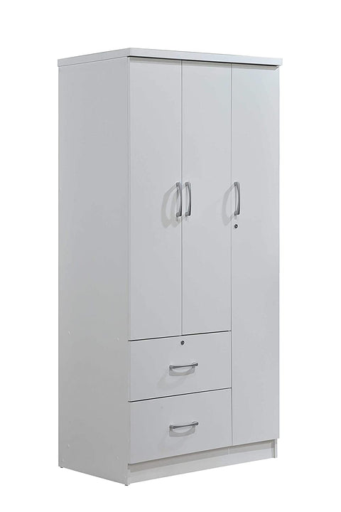 Oakestry 3-Door Clothing Rod, 2-Drawers and 3-Shelves, White Bedroom Armoires