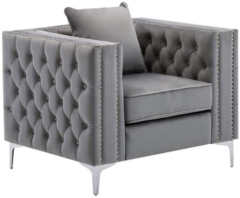 Oakestry Lorreto Gray Velvet Chair, Nailhead Trim, Button Turfed with Chrome Metal Legs