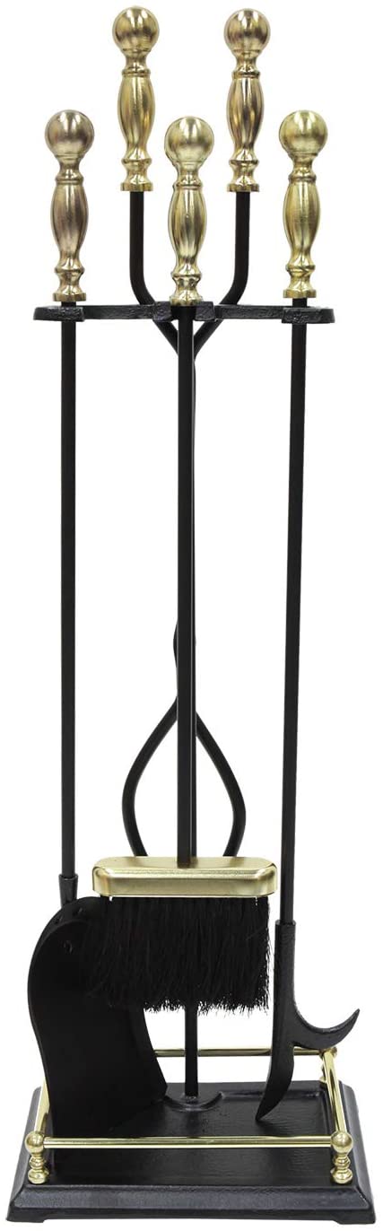 Oakestry Oxford 5-Piece Fireplace Tool Set Outdoor Fireset Fire Pit Stand with Poker, Brush, Shovel, Tongs Enhancing Overall Appearance, Polished Brass and Black