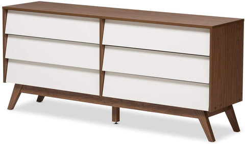 Oakestry Hildon Modern 6-Drawer Storage Dresser Mid-Century/White/Walnut Brown/Particle Board/MDF with PU Paper