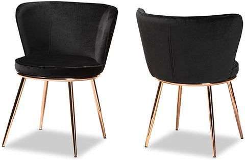 Baxton Studio Farah Modern Luxe and Glam Black Velvet Fabric Upholstered and Rose Gold Finished Metal 2-Piece Dining Chair Set