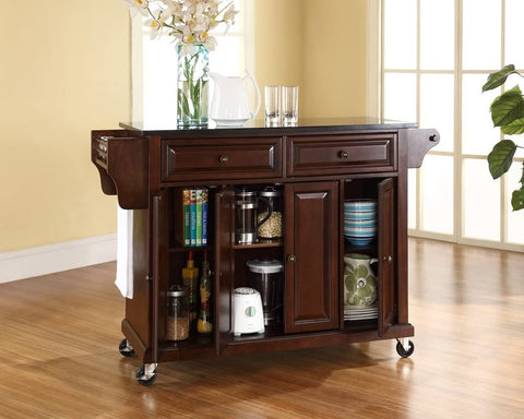 Oakestry Rolling Kitchen Island with Solid Black Granite Top - Vintage Mahogany