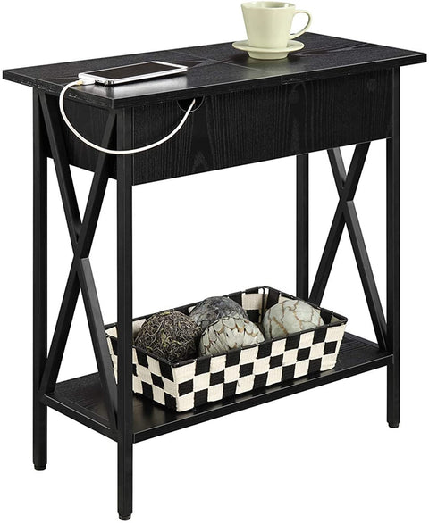 Oakestry Tucson Flip Top End Table with Charging Station and Shelf, Electric, Black