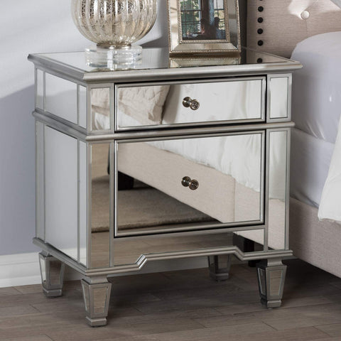Oakestry Sussie Hollywood Regency Glamour Style Mirrored 2-Drawer Nightstand Glam/Silver Mirrored/MDF