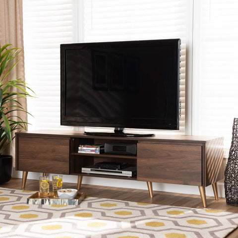 Baxton Studio Landen Mid-Century Modern Walnut Brown and Gold Finished Wood TV Stand