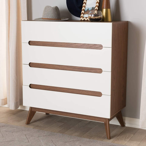 Oakestry Calypso Mid-Century Modern White and Walnut Wood 4-Drawer Storage Chest Mid-Century/White/Walnut Brown/Particle Board/MDF with PU Paper/