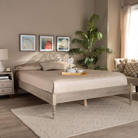 Oakestry Cielle French Bohemian Antique White Oak Finished Wood Queen Size Platform Bed Frame