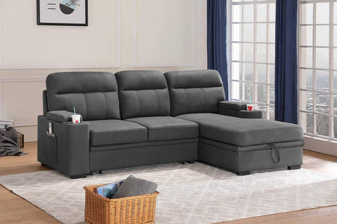 Oakestry Kaden Gray Polished Microfiber Fabric Sleeper Sofa Bed Sectional Sofa Storage Chaise with Storage Arms Cupholders Phone Pocket Pouch Contemporary Modern