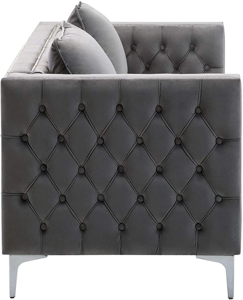 Oakestry Lorreto Gray Velvet Sofa, Nailhead Trim, Button Tufted with Chrome Metal Legs