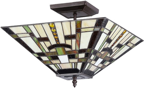 Oakestry CH33290MS14-UF2 Farley 2-Light Tiffany Style Mission Semi Flush Ceiling Fixture with Shade, 10.6 x 14 x 14&#34;, Bronze