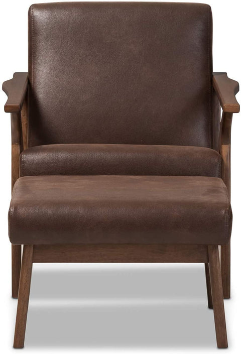 Oakestry Bianca Mid-Century Modern Walnut Wood Dark Brown Distressed Faux Leather Lounge Chair and Ottoman Set Mid-Century/Dark Brown/Walnut Brown/Faux Leather/Rubber Wood/