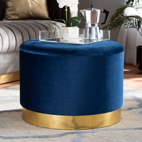 Baxton Studio Marisa Glam and Luxe Navy Blue Velvet Fabric Upholstered Gold Finished Storage Ottoman