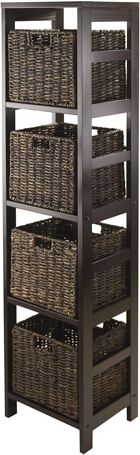 Oakestry Granville 5-Piece Storage Tower Shelf with 4 Foldable Baskets, Espresso