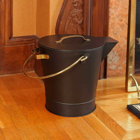 Oakestry Fireplace Ash Can Bucket Pail, Black with Polished Brass