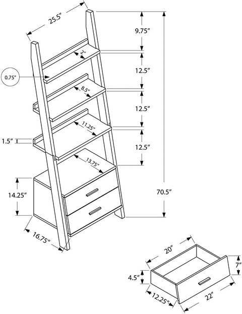 Oakestry , Bookcase, Ladder with 2-Storage Drawers, White, 69&#34;H