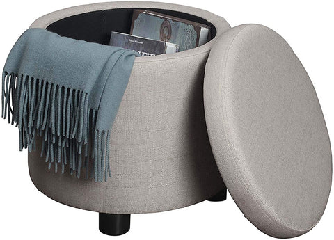 Oakestry Designs4Comfort Round Accent Storage Ottoman, Tan Faux Linen
