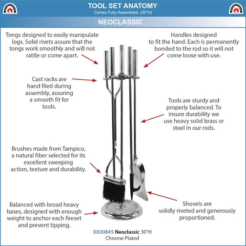 Oakestry Neoclassic 5-piece Fireplace Tool Set, Polished Chrome