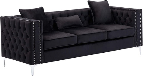 Oakestry Lorreto Black Velvet Sofa, Nailhead Trim, Handmade Button Tufted with Chrome Metal Legs