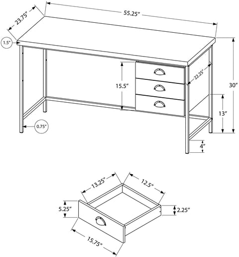 Oakestry Industrial Computer Desk 3 Drawers Metal Frame Rectangular Laptop Study Table, 55&#34; L, Brown Reclaimed Wood Look