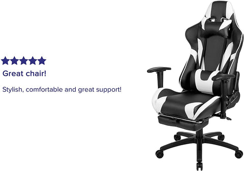 Oakestry X30 Gaming Chair Racing Office Ergonomic Computer Chair with Fully Reclining Back and Slide-Out Footrest in Black and White LeatherSoft