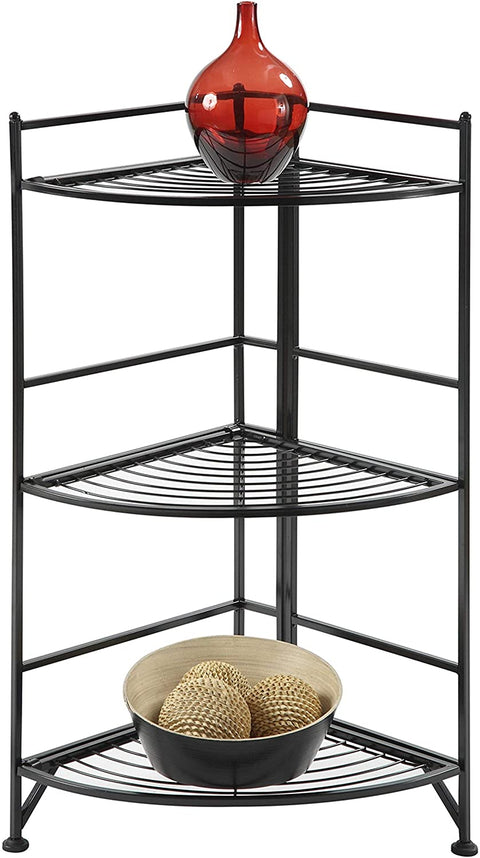 Oakestry Xtra Storage 3 Tier Corner Folding Metal Corner Shelf, Black