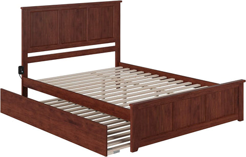 AFI Madison Platform Bed with Matching Footboard and Turbo Charger with Twin Extra Long Trundle, Queen, Walnut