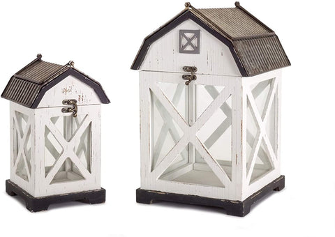 Oakestry 74566 Metal and Wooden Barn Lantern, Set of 2