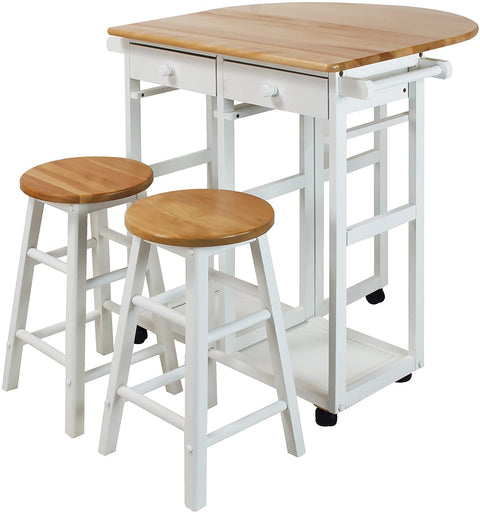 Oakestry Drop Leaf Breakfast Cart with 2 Stools-White