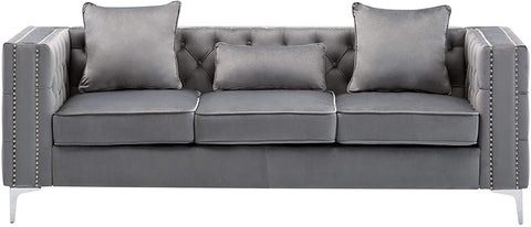 Oakestry Lorreto Gray Velvet Sofa, Nailhead Trim, Button Tufted with Chrome Metal Legs