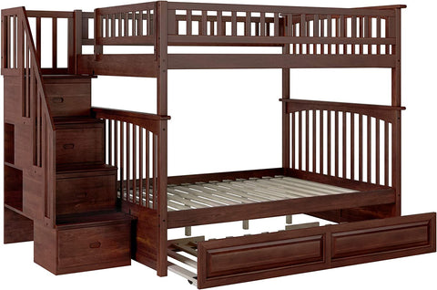 Oakestry Columbia Staircase Bunk with Turbo Charger and Twin Size Raised Panel Trundle, Walnut