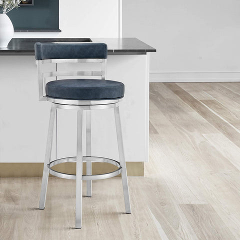 Oakestry Madrid 26&#34; Counter Height Swivel Blue Faux Leather and Brushed Stainless Steel Bar Stool