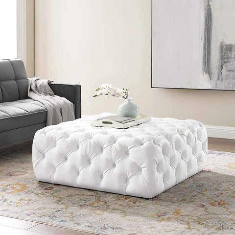 Oakestry Amour Tufted Vegan Leather Large Upholstered Ottoman in White, Square