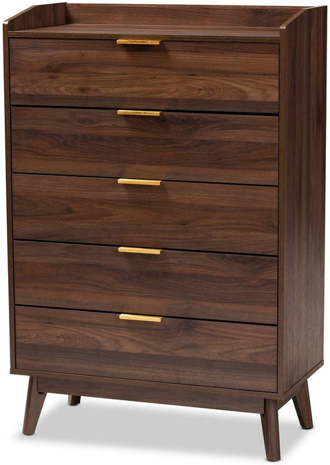 Oakestry Lena Mid-Century Modern Walnut Brown Finished 5-Drawer Wood Chest