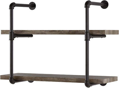 Oakestry GH072 Two-Tier Floating Metal Pipe Shelves with Aged Wood Finish - Wall Mount - Brown