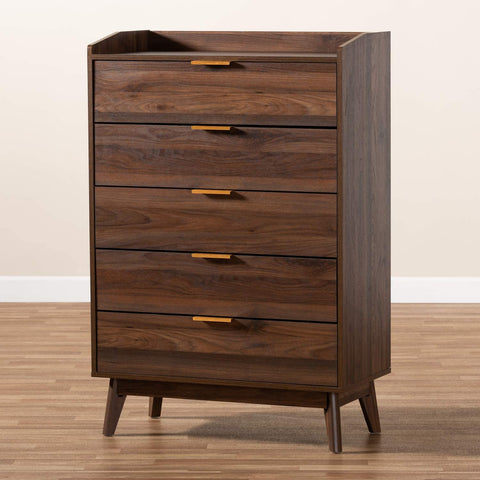 Oakestry Lena Mid-Century Modern Walnut Brown Finished 5-Drawer Wood Chest