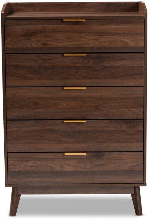 Oakestry Lena Mid-Century Modern Walnut Brown Finished 5-Drawer Wood Chest