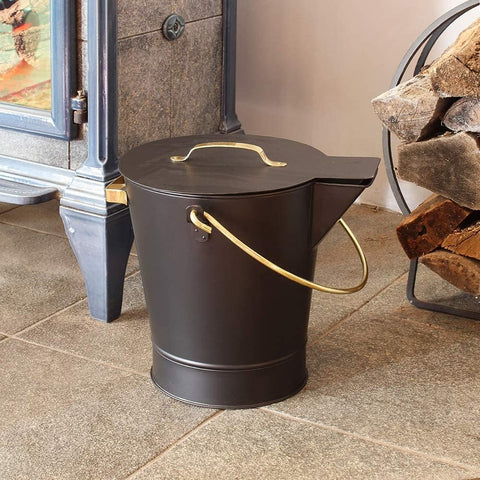 Oakestry Fireplace Ash Can Bucket Pail, Black with Polished Brass