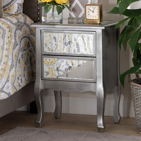 Oakestry Leonie Modern Transitional French Brushed Silver Finished Wood and Mirrored Glass 2-Drawer Nightstand