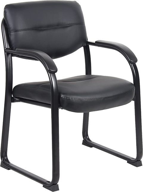 Boss Office Products Leather Sled Base Side Chair with Arms in Black