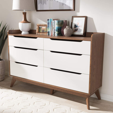 Oakestry Brighton 6-Drawer Storage Dresser Mid-Century/White/Walnut Brown/Particle Board/MDF with PU Paper/